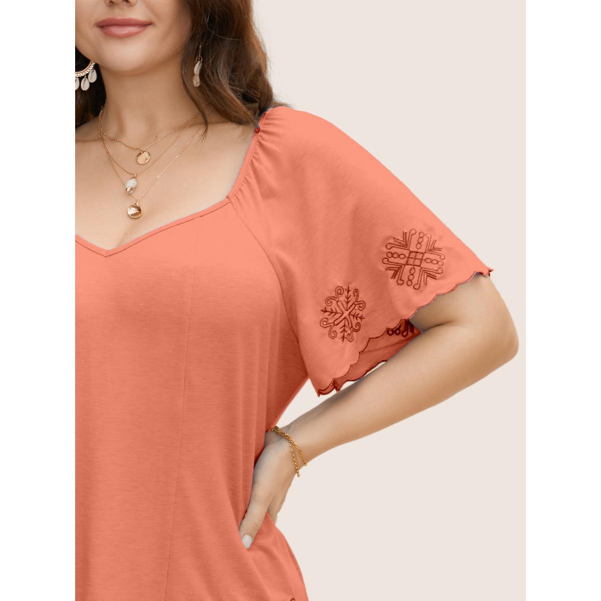 Plus Size Bandana Floral Embroidered Ruffle Sleeve T-shirt Salmon Women Resort Embroidered Heart neckline Vacation T-shirts BloomChic 28/5X Product Image