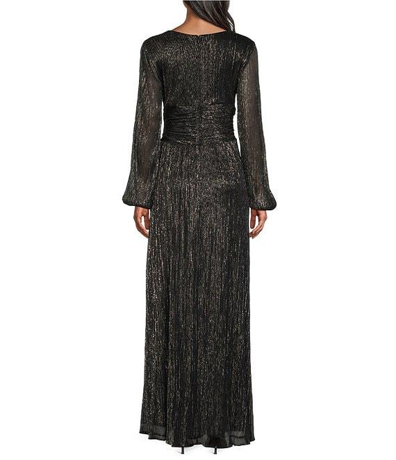 Ignite Evenings Shimmer Bodre Surplice Neck Long Sleeve Ruched Waist A-Line Dress Product Image