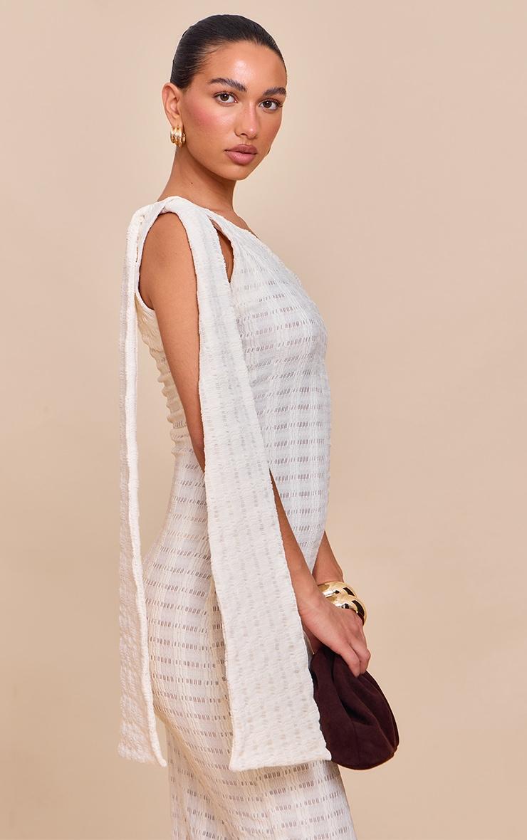 Cream Textured One Shoulder Drape Detail Maxi Dress Product Image