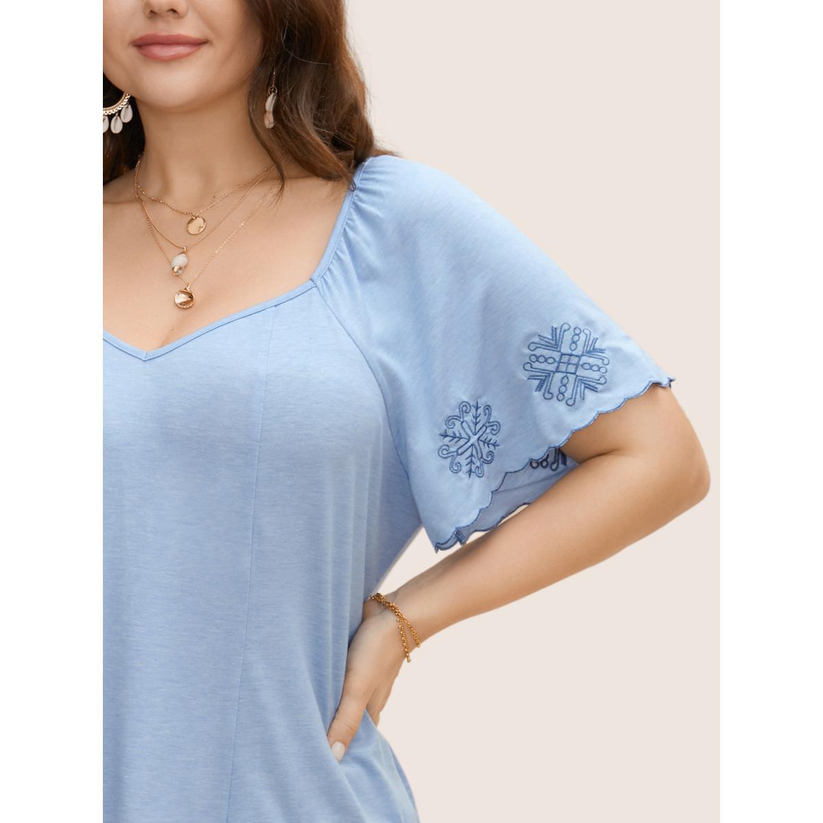 Plus Size Bandana Floral Embroidered Ruffle Sleeve T-shirt LightBlue Women Resort Embroidered Heart neckline Vacation T-shirts BloomChic 22-24/3X Product Image