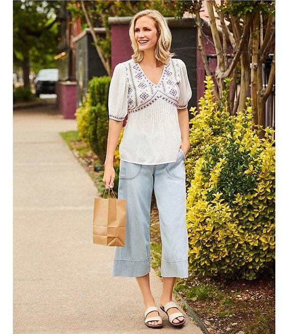 Nurture Embroidered V-Neck Elbow Puff Sleeve Top Product Image