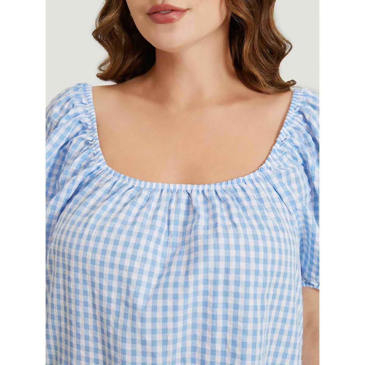 Plus Size LightBlue Gingham Print Square Neck Puff Sleeve Blouse Women Vacation Short sleeve Square Neck Dailywear Blouses BloomChic 10/M Product Image
