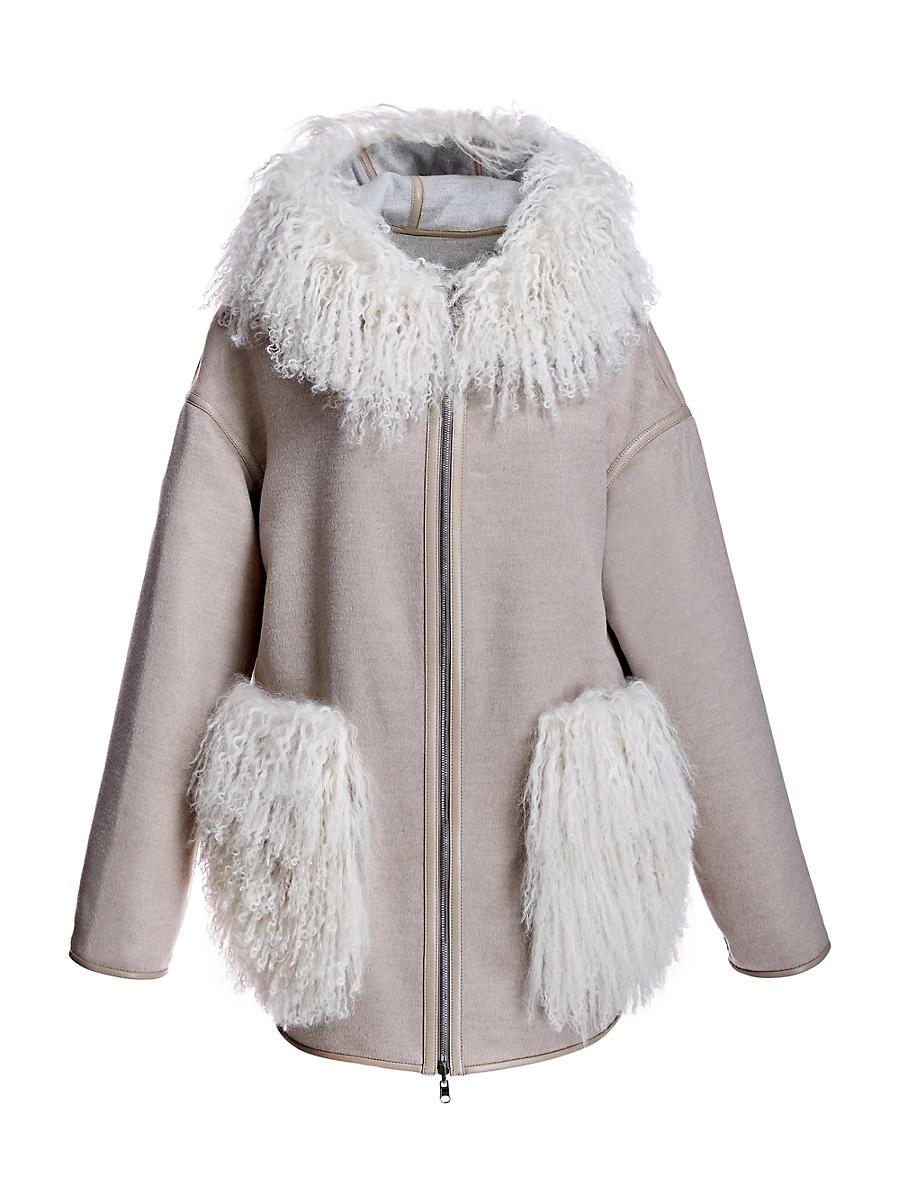 Womens Hooded Woolblend Jacket with Mongolian Lamb Trim Product Image