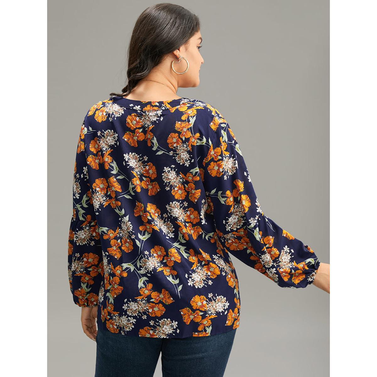 Plus Size Indigo Floral Print Bowknot Ties Lantern Sleeve Blouse Women Elegant Long Sleeve V-neck Dailywear Blouses BloomChic 14-16/1X Product Image