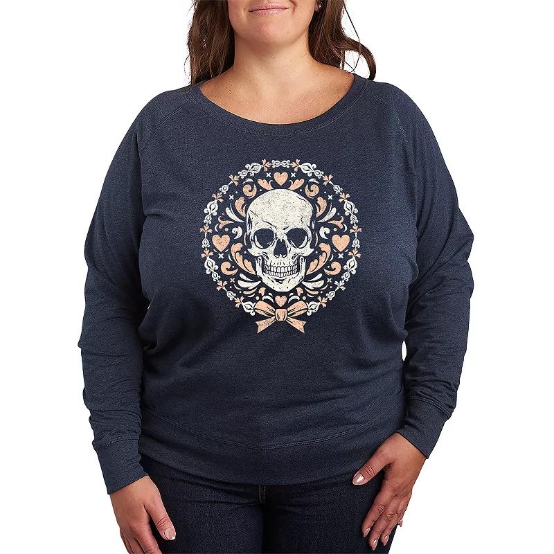 Plus Size Coquette Skull French Terry Long Sleeve Tee, Women's, Size: 2XL, Grey Green Product Image