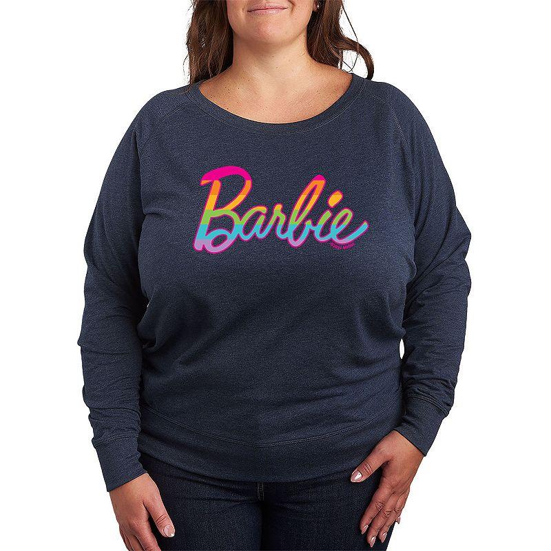 Plus Size Barbie Pride Rainbow Fill French Terry Long Sleeve Tee, Womens Grey Indigo Product Image