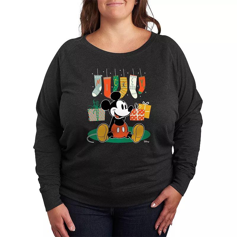 Disneys Mickey Mouse Plus Size Stockings French Terry Long Sleeve Tee, Womens Grey Heather Product Image