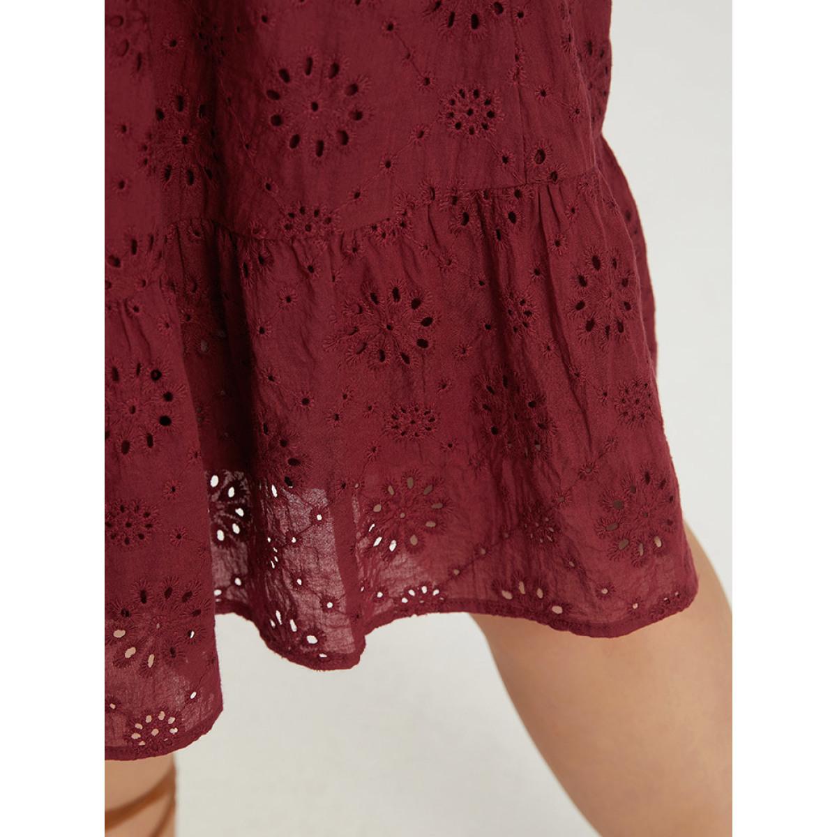 Plus Size Plain Geometric Eyelet Notched Lantern Sleeve Dress Burgundy Women Vacation Elastic cuffs Notched collar Long Sleeve Curvy Midi Dress BloomChic 18-20/2X Product Image