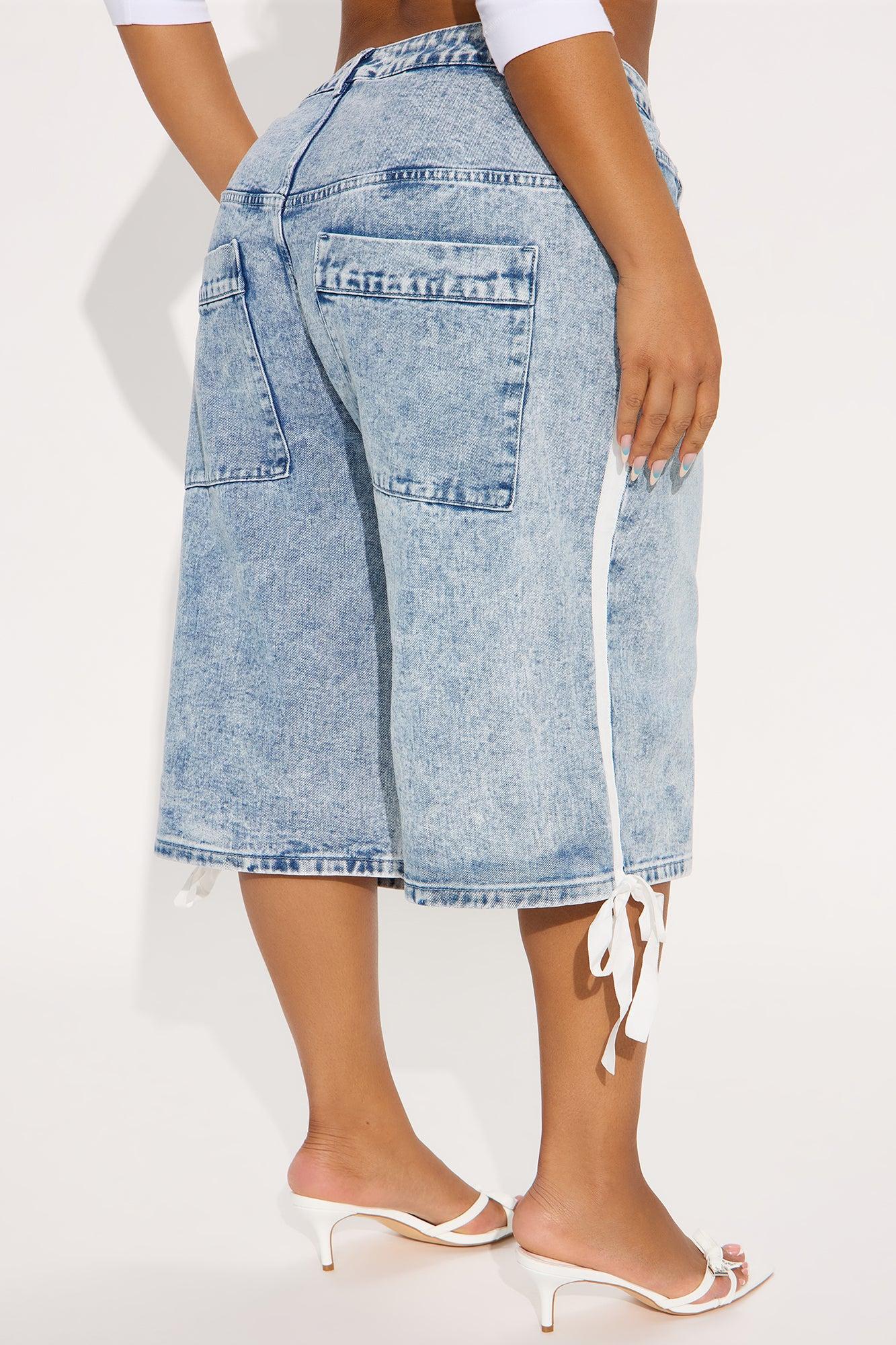 Kimi Non Stretch Stripe Denim Jorts - Medium Wash Product Image