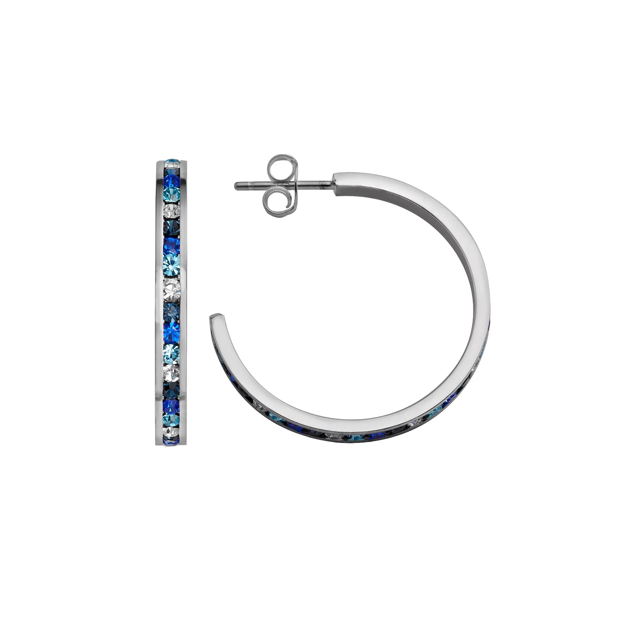 Traditions Jewelry Company Sterling Silver Blue & White Crystal Hoop Earrings, Womens Product Image