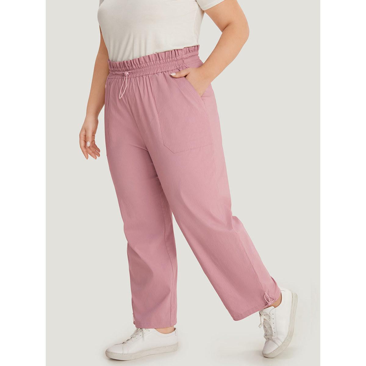Plus Size Plain Paperbag Waist Drawstring Hem Slant Pocket Pants Women Rouge Casual High Rise Dailywear Pants BloomChic 30/6X Product Image
