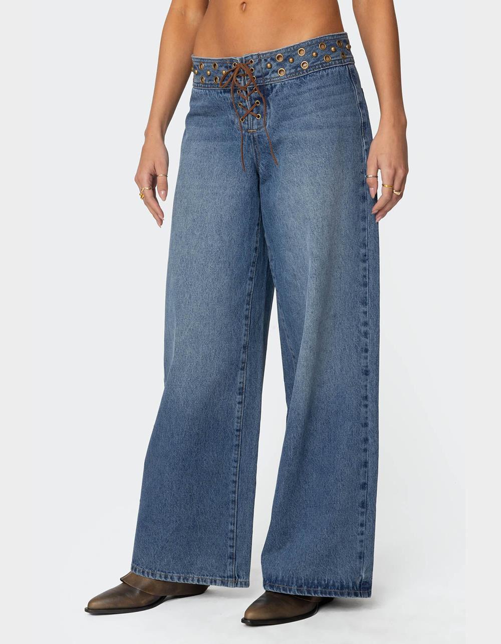 EDIKTED Stud & Grommet Low Rise Jeans - LIGHT BLUE Product Image