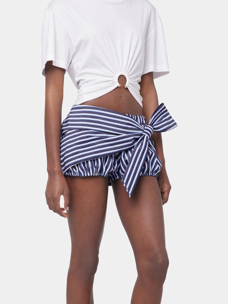 STRIPED WHITE AND BLUE MINI SHORTS IN COTTON POPLIN Product Image