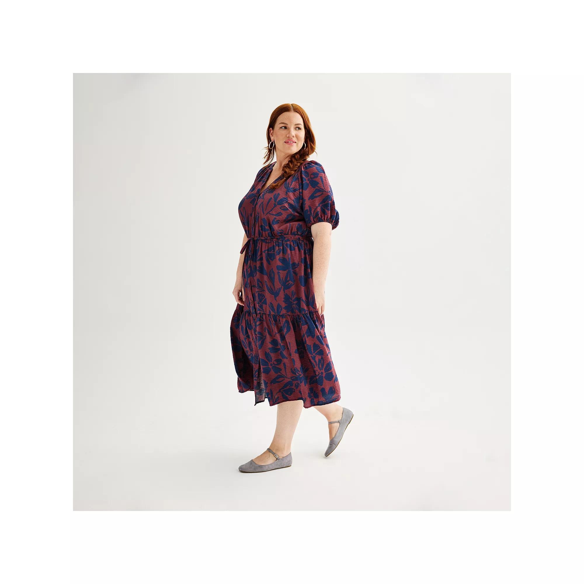 Plus Size Sonoma Goods For Life® Puff Sleeve V-Neck Tiered Midi Dress, Women's, Size: 1XL, Animal Print Product Image