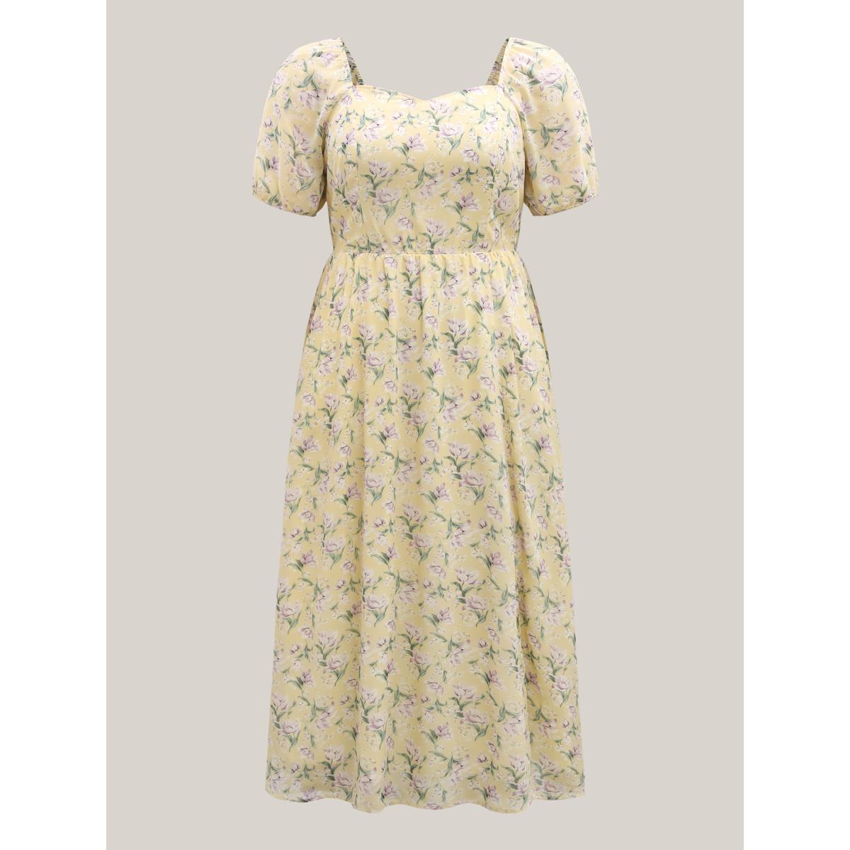 Plus Size Vine Flower Sweetheart Neck Slit Maxi Dress Lightyellow Women Heart neckline Short sleeve Curvy BloomChic 10/M Product Image