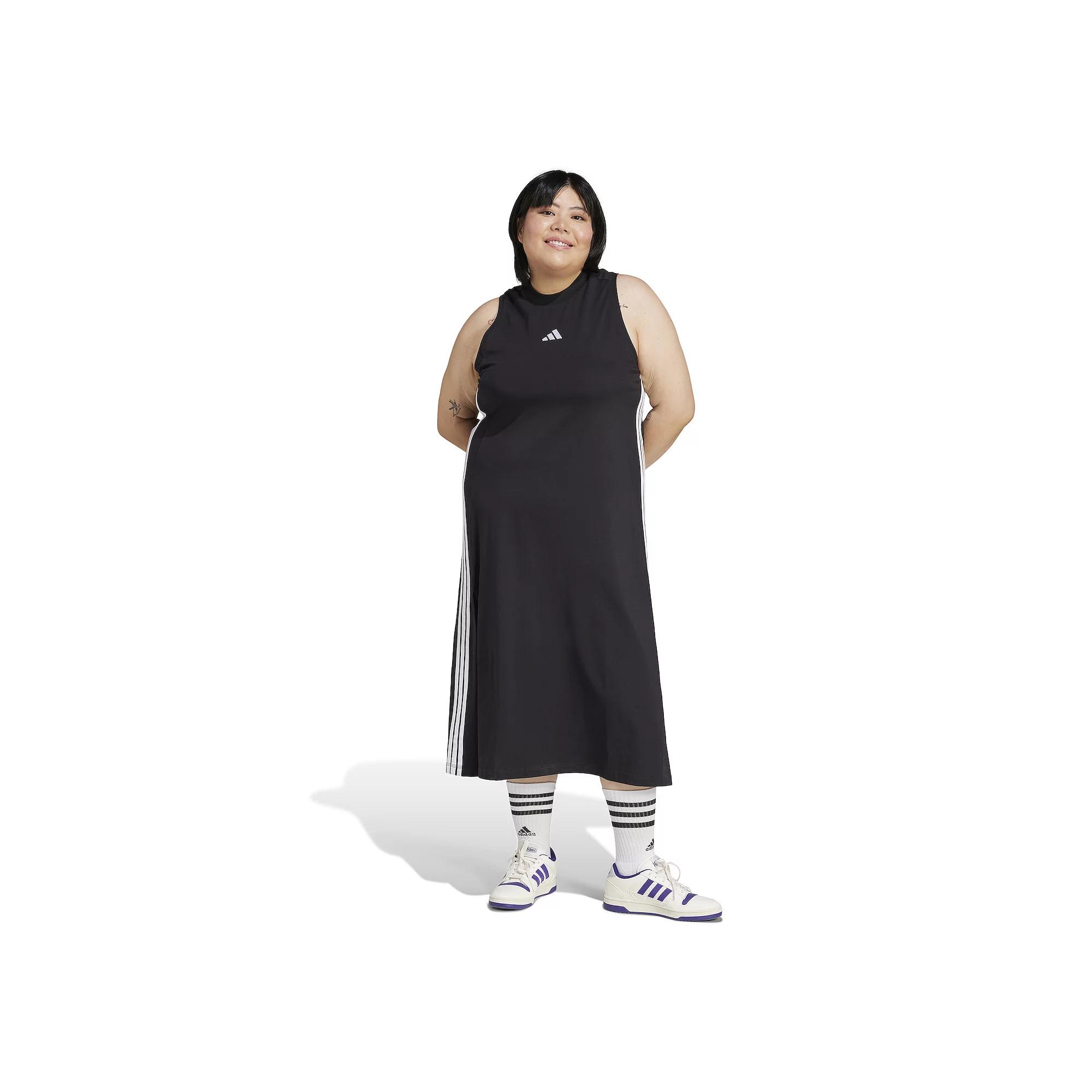 Plus Size adidas Essentials 3-Stripes Long Racerback Sportswear Dress, Women's, Size: 3XL, Black White Product Image