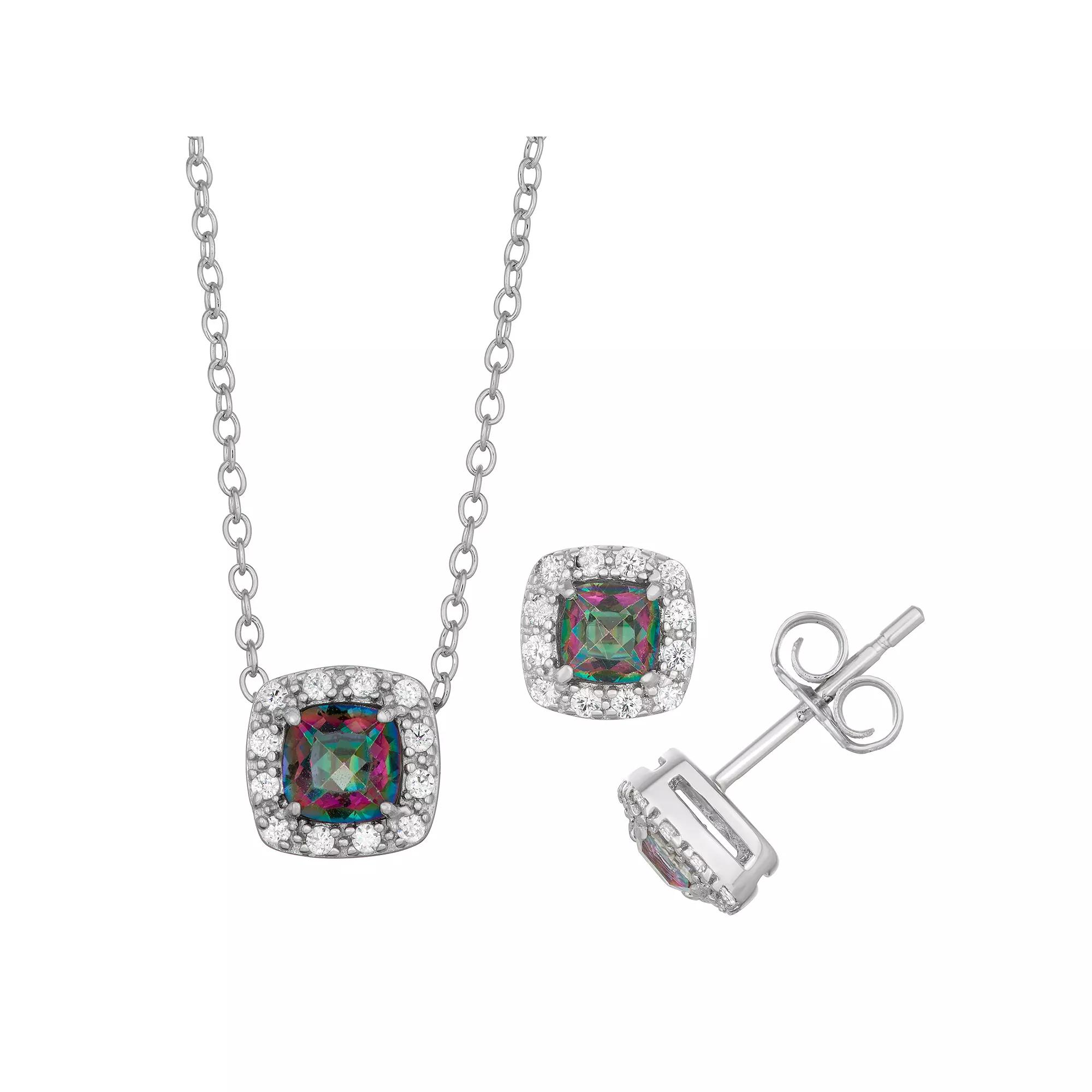 Sterling Silver Mystic Topaz & Cubic Zirconia Cushion Halo Pendant Necklace & Stud Earrings Set, Womens Product Image