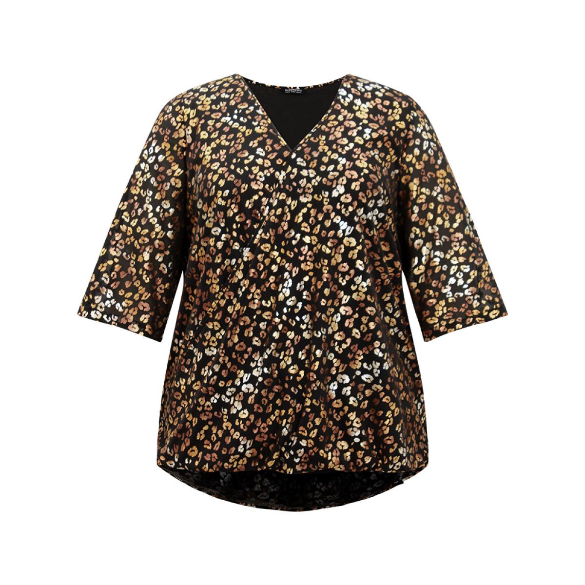 Plus Size Black Leopard Glitter Wrap V Neck Blouse Women Glamour Elbow-length sleeve V-neck Going out Blouses BloomChic 10/M Product Image