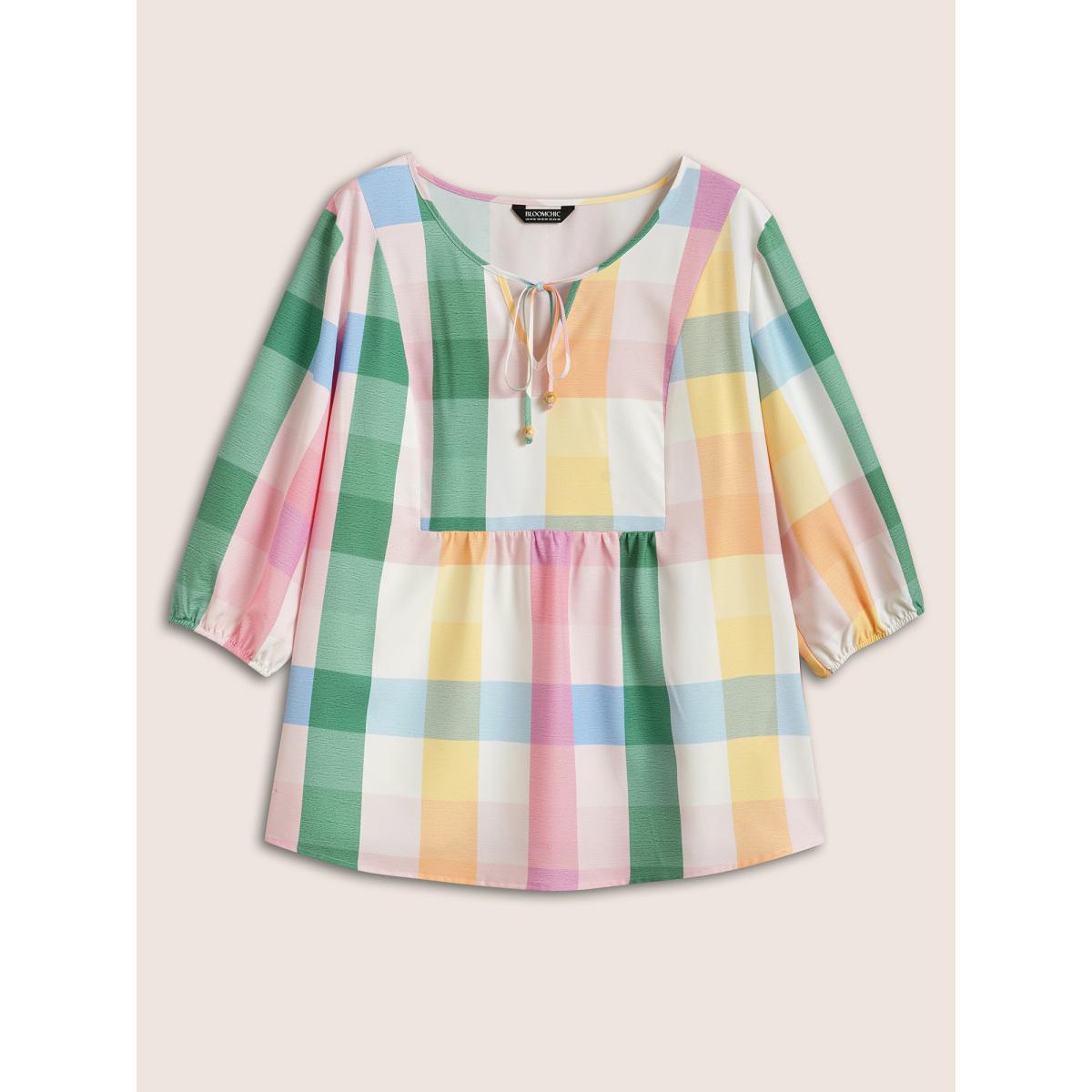 Plus Size Multicolor Contrast Plaid Tie Knot Lantern Sleeve Blouse Women Casual Elbow-length sleeve V-neck Everyday Blouses BloomChic 14-16/1X Product Image