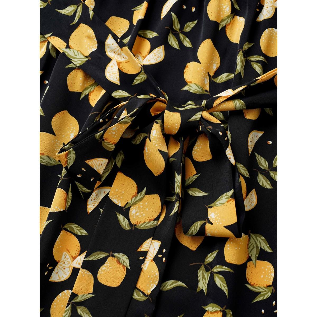 Plus Size Citrus Lemons Print Belted Surplice Neck Split Side Dress BlackFlower Women Elegant Non Overlap Collar Short sleeve Curvy Midi Dress BloomChic 14-16/1X Product Image