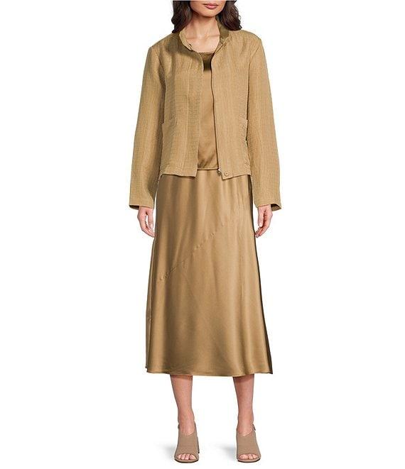 Eileen Fisher Silk Linen-Blend Stand Collar Long Sleeve Pocketed Boxy Fit Jacket Product Image