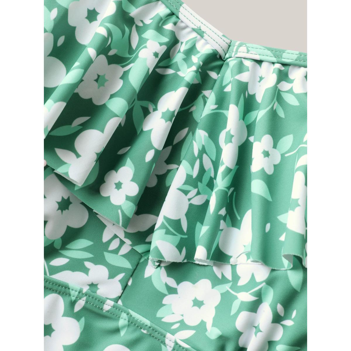 Plus Size Ditsy Floral Print Ruffled Swim Dress Women's Swimwear Greenbean Beach Bodycon One-shoulder neck High stretch Curve Swim Dresses BloomChic 12/L Product Image