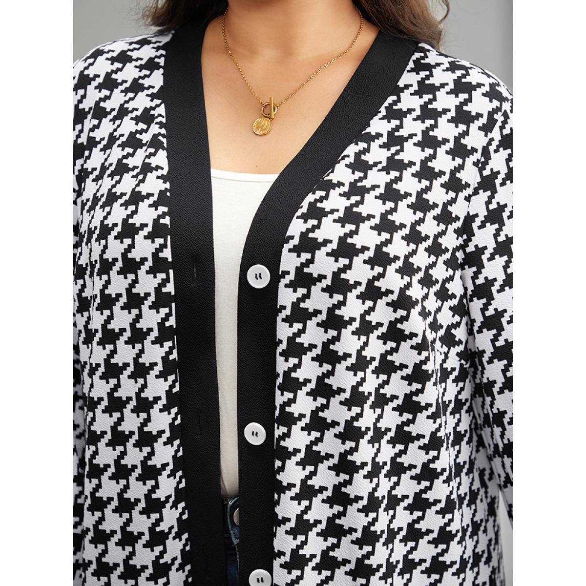 Plus Size Houndstooth Button Through Contrast Trim Jacket Women Black Contrast Dailywear Jackets BloomChic 12/L Product Image
