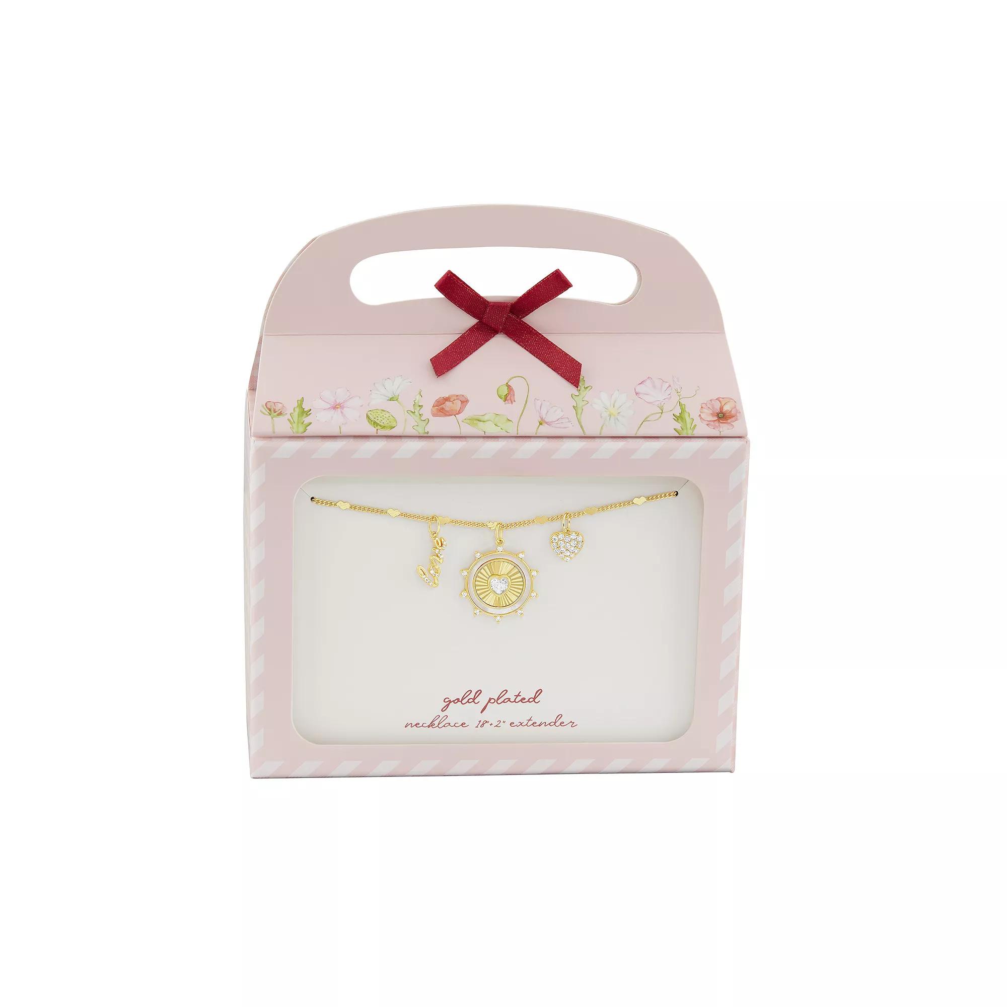 Brilliance 18k Gold Flash Plated Mother of Pearl Heart Coin Charm & Cubic Zirconia "love" Charm Heart Station Chain Necklace, Women's, Size: 18", Gold Tone Product Image