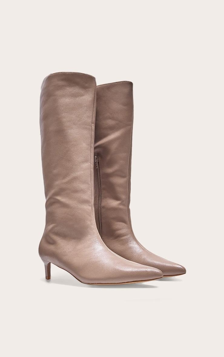 Mushroom PU Point Toe Low Stiletto Knee High Heeled Boots Product Image