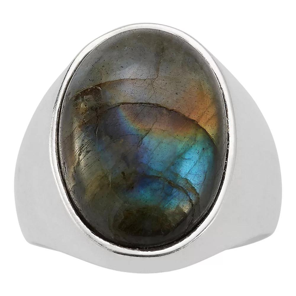 Mens Menster Sterling Silver Oval Gemstone Ring Labradorite Sterling Product Image