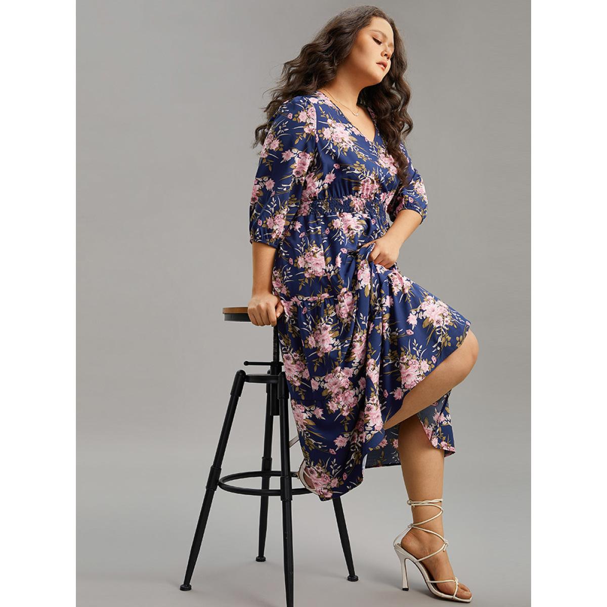 Plus Size Floral Print Shirred Elastic Cuffs Dress DarkBlue Women Elegant Pocket V-neck Elbow-length sleeve Curvy Midi Dress BloomChic 12/L Product Image