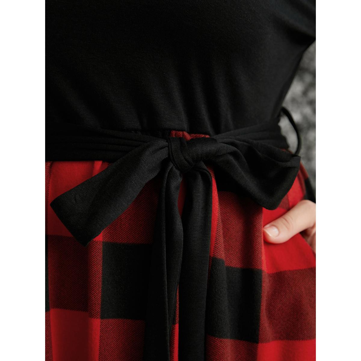 Plus Size Solid Patchwork Pocket Belted Plaid Dress Scarlet Women Elegant Belted V-neck Long Sleeve Curvy Midi Dress BloomChic 18-20/2X Product Image