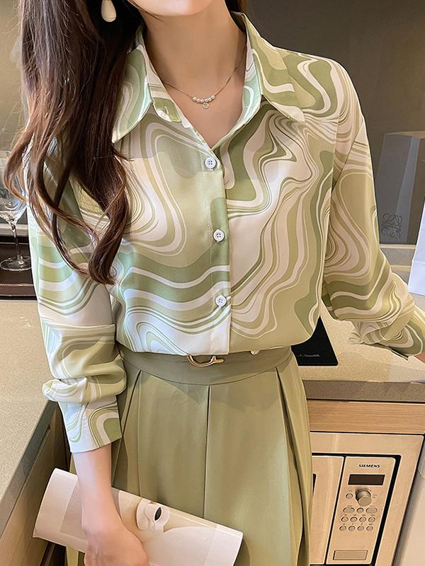 Long Sleeves Loose Buttoned Printed Lapel Blouses&Shirts Tops Product Image