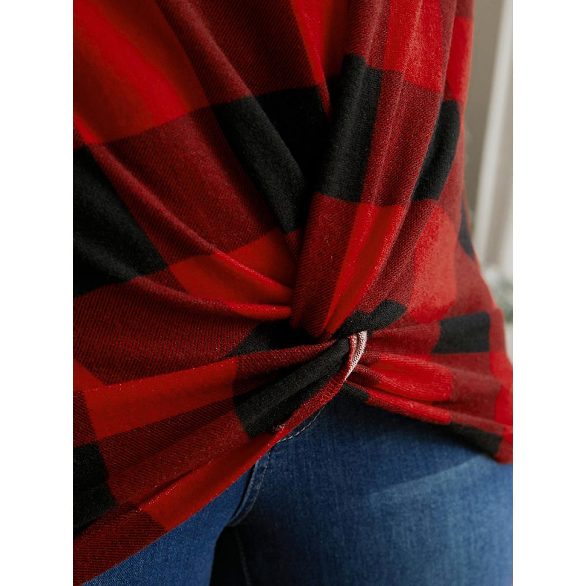 Plus Size Plaid Twist Front Long Tee Raspberry Women Elegant Twist-front Plaid V-neck Dailywear T-shirts BloomChic 26/4X Product Image