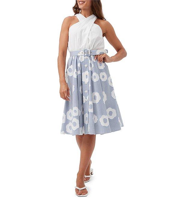 Trina Turk Mardi Cotton Blend Stripe Floral Print Belted A-Line Skirt Product Image