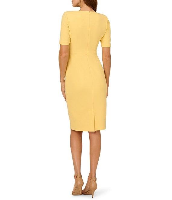 Adrianna Papell Crew Neck Short Sleeve Bow Front Crepe Sheath Dress Product Image