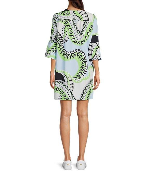Jude Connally Kerry Mod Kaleidoscope Pool Print Split V-Neck 3/4 Bell Sleeve Knit Shift Dress Product Image