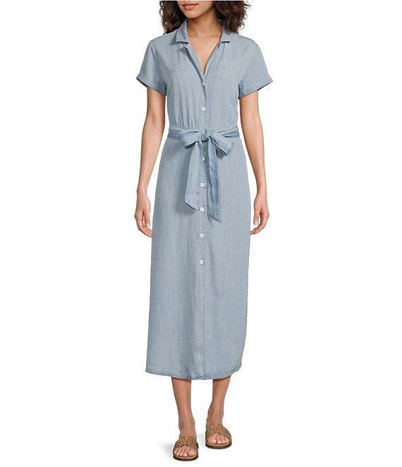 Cloth & Stone Chambray Collared Short Sleeve Belted Midi Shirt Dress Product Image