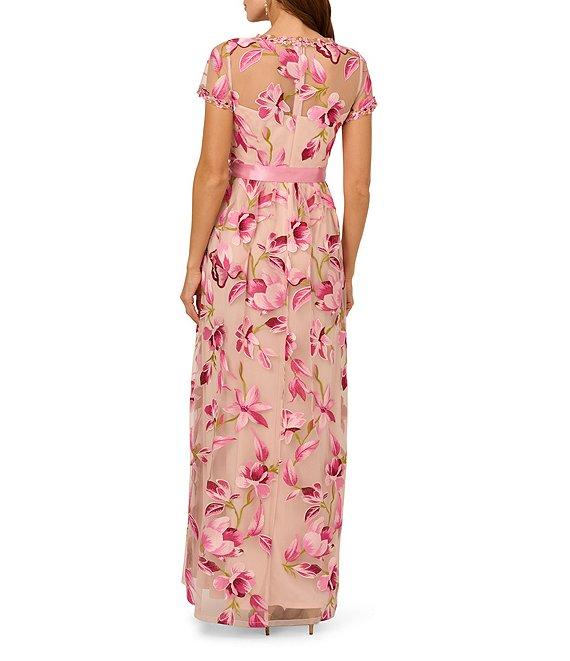 Adrianna Papell Embroidered Floral Print Crew Neck Short Sleeve Belted Waist Tie A-Line Gown Product Image