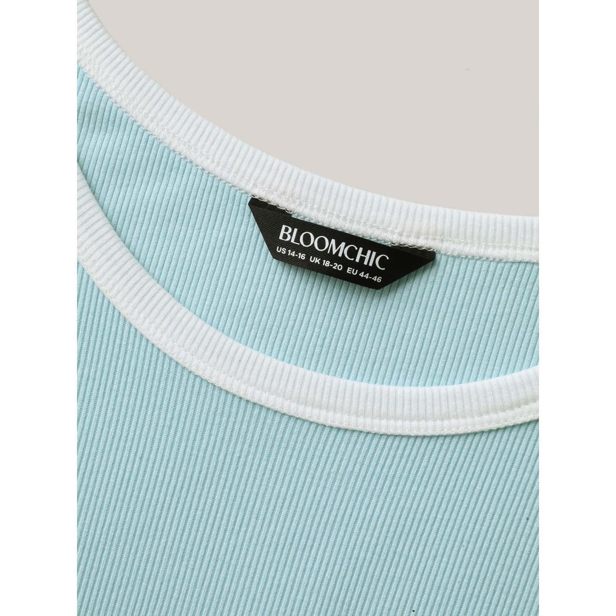 Plus Size Supersoft Stretchy Color Contrast Tank Top Women LightBlue Texture Round Neck Everyday-Casual Tank Tops Camis BloomChic 30/6X Product Image