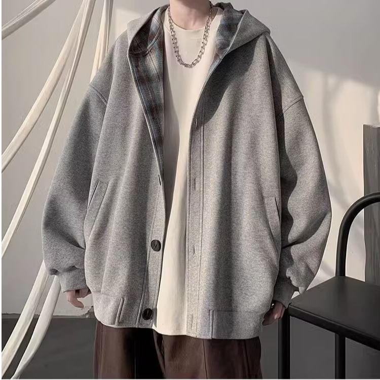 Hooded Plain Zip Button Jacket Product Image