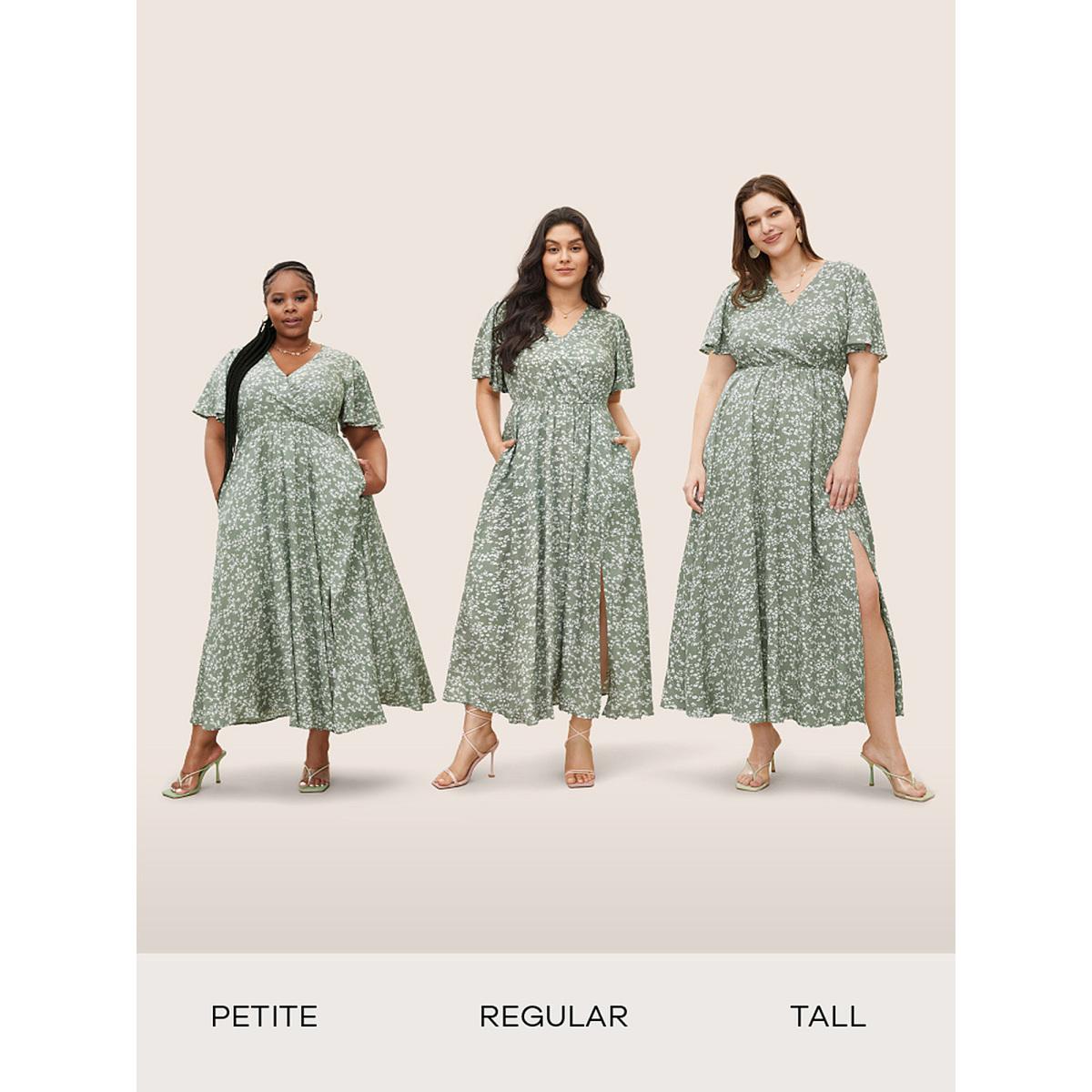 Plus Size Bloom Dress - Flutter Sleeve Ditsy Floral Pocket Split Maxi Dress LightGreen Women Romantic Slit V-neck Half Sleeve Curvy Long Dress BloomChic 10/M Product Image