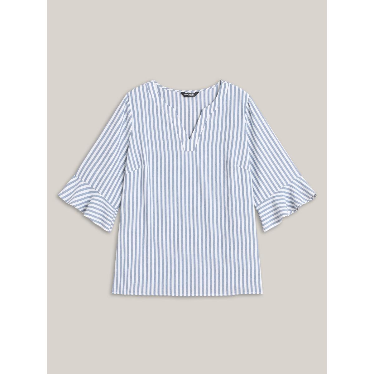 Plus Size Stone Striped Split Neck Flared Sleeve Shirt Women At the Office Elbow-length sleeve Notched collar Work Blouses BloomChic 18-20/2X Product Image