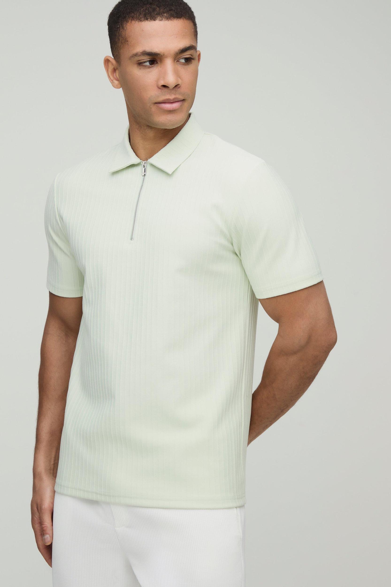 Slim Fit Zip Collar Textured Stripe Short Sleeve Polo | boohooMAN USA Product Image