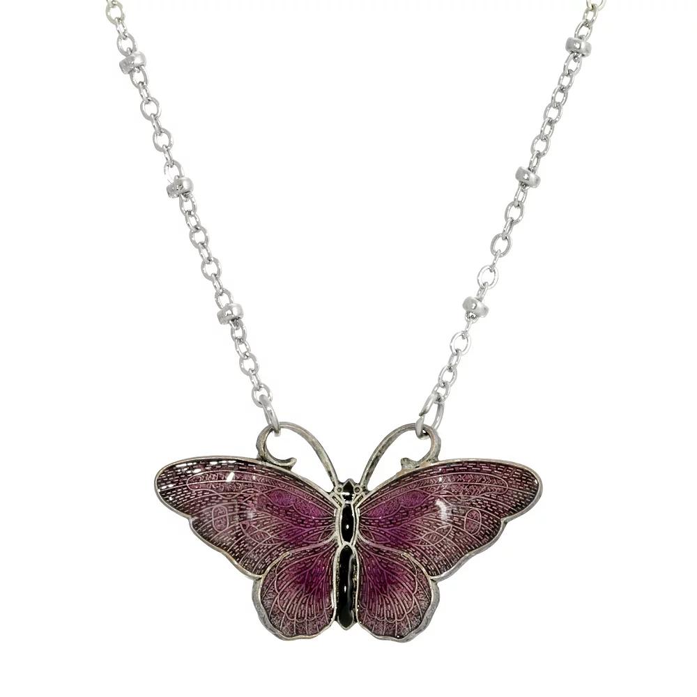 1928 Silver Tone & Enamel Butterfly Pendant Necklace, Women's, Purple Product Image