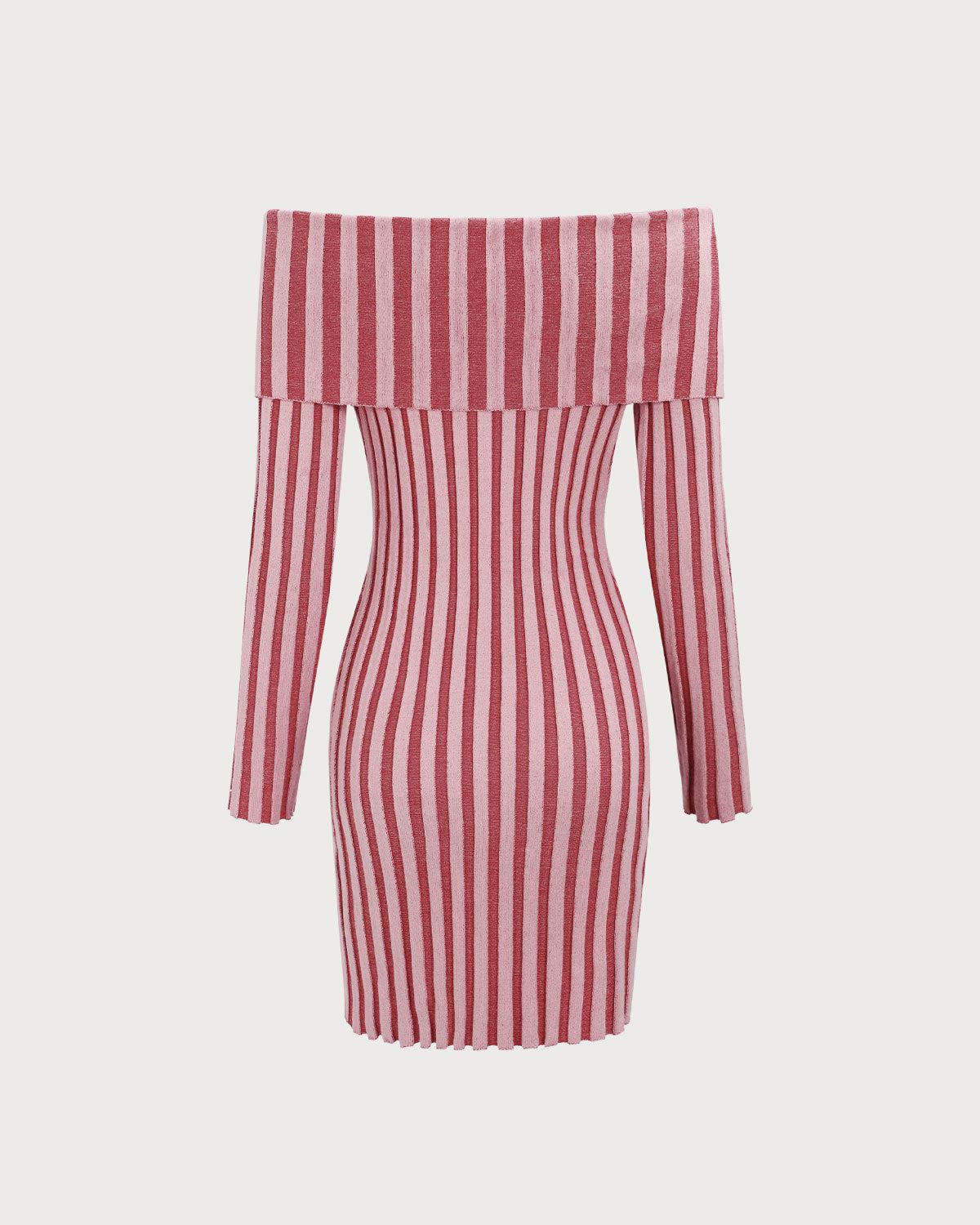 Pink Striped Off The Shoulder Bodycon Sweater Dress Product Image