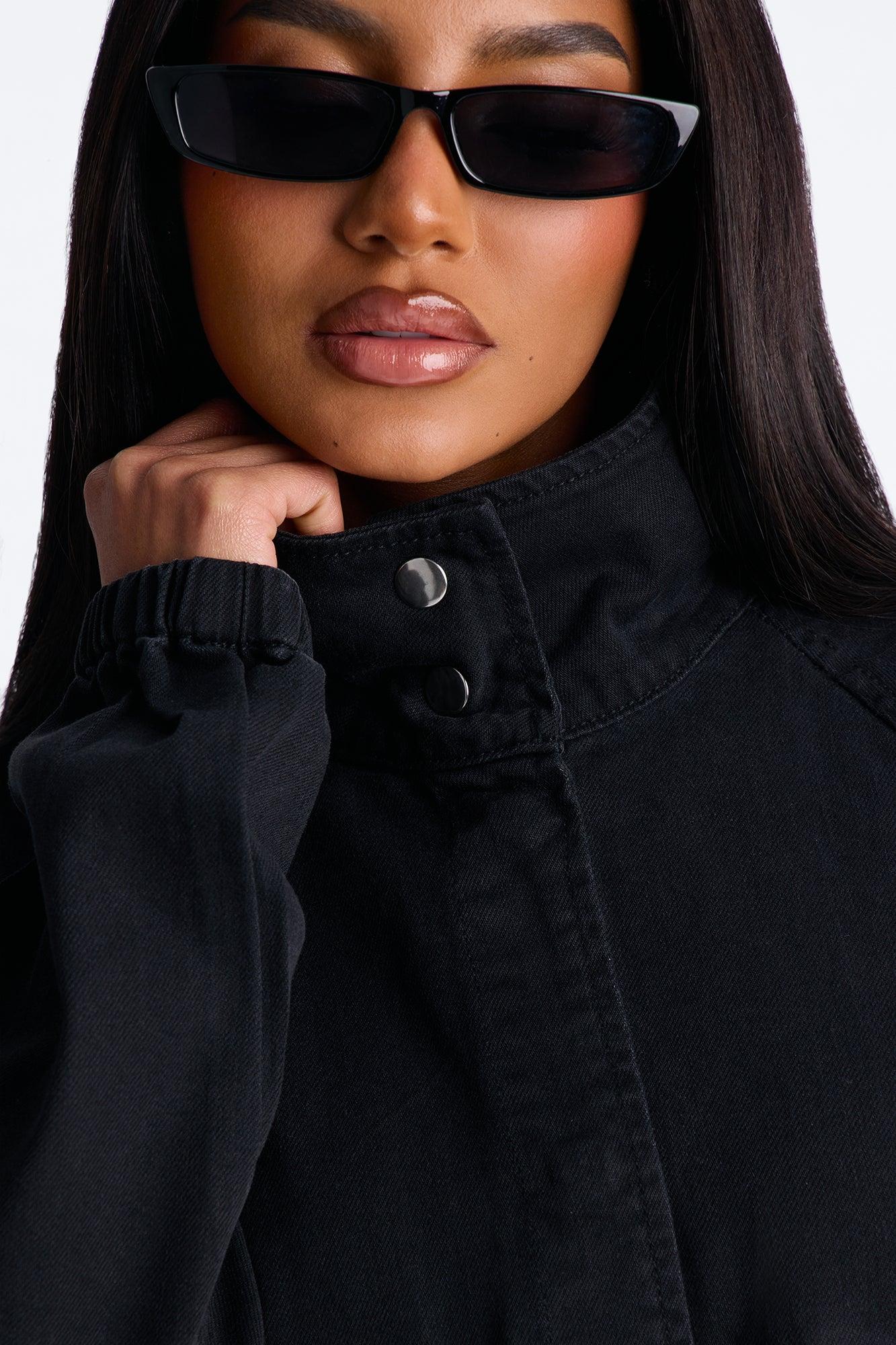 Premium Drapey Moto Denim Bomber Jacket - Black Wash Female Product Image