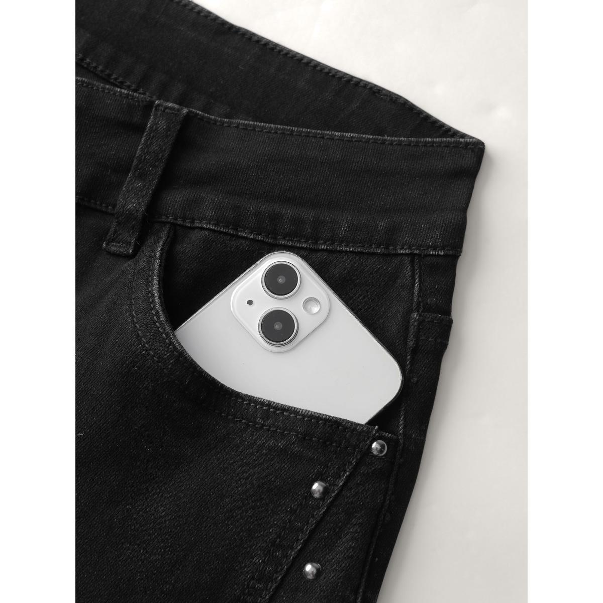 Plus Size Rhinestone Mid-Rise Flared Hem Jeans Women Denimblack Timeless Rhinestone detailing High stretch Slanted pocket Jeans BloomChic 16/1X Product Image