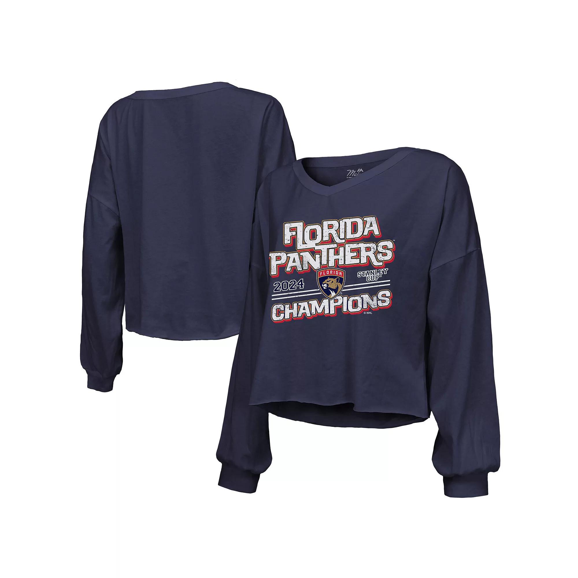 Women's Majestic Threads  Navy Florida Panthers 2024 Stanley Cup Champions Off-Shoulder Long Sleeve V-Neck T-Shirt, Size: 2XL, Pnt Blue Product Image