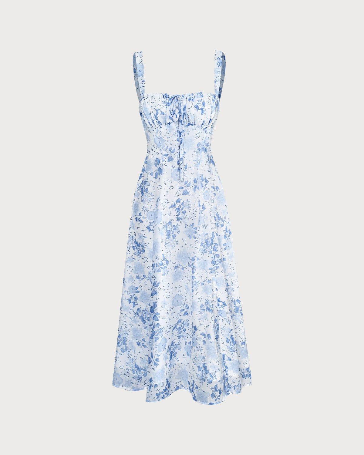 The Blue Square Neck Floral Ruched Midi Dress Product Image